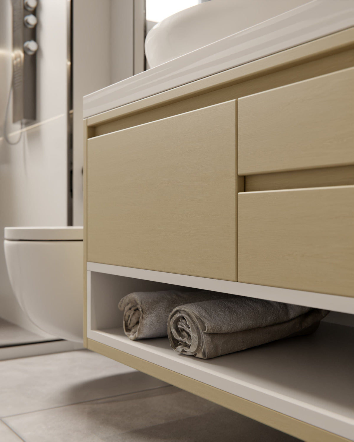 Film adhésif bois Cream Golden Oak Cover Styl PF-AG14 sans pvc posé sur meuble de salle de bain