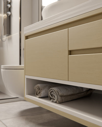 Film adhésif bois Cream Golden Oak Cover Styl PF-AG14 sans pvc posé sur meuble de salle de bain