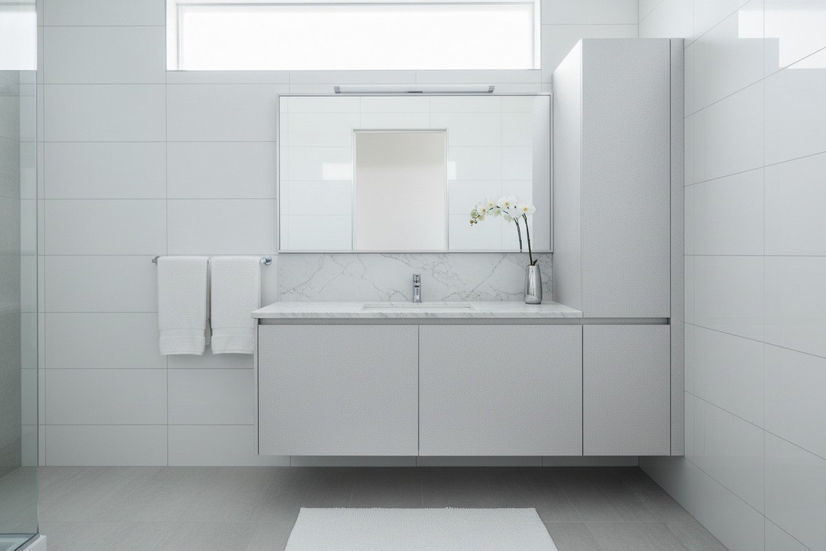 Film adhésif effet aluminium mat brossé doux Cover Styl Q1 posé sur meuble de salle de bain