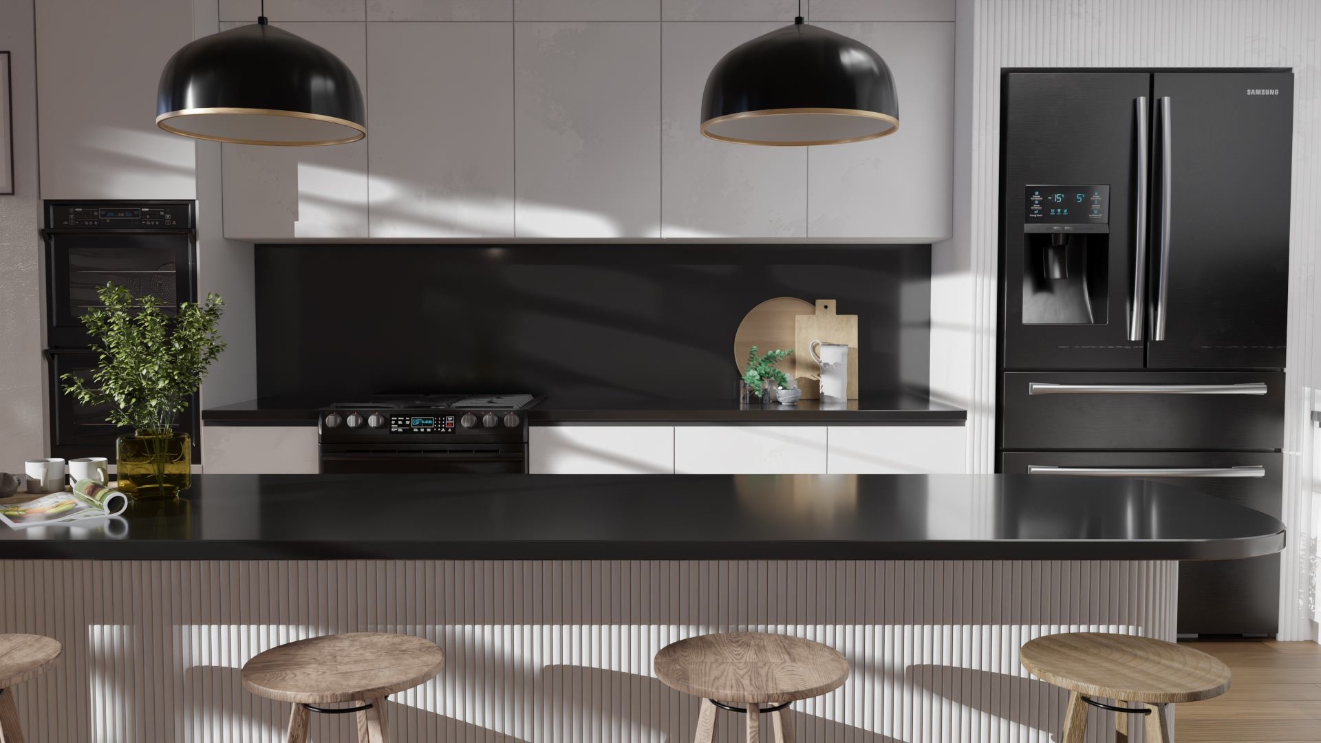 Film adhésif décoratif Cover Styl J5 noir laqué posé sur crédence et plan de travail de cuisine