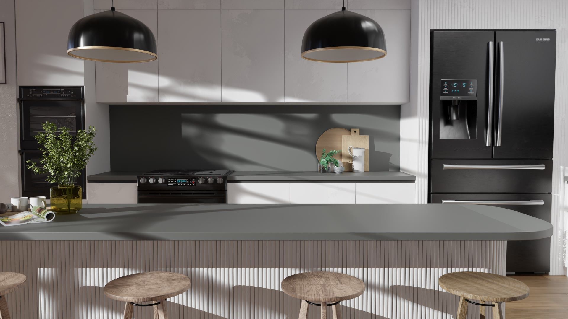 Film adhésif décoratif Cover Styl K5 gris ciment posé sur crédence et plan de travail de la cuisine
