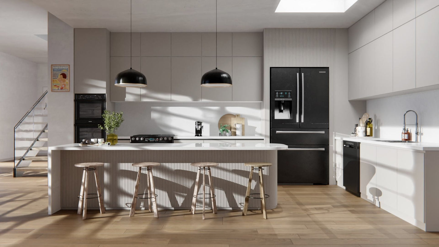 Film adhésif décoratif Cover Styl K7 gris crème posé sur façades de cuisine