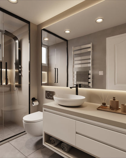 Film adhésif décoratif Cover Styl K7 gris crème posé dans la salle de bain