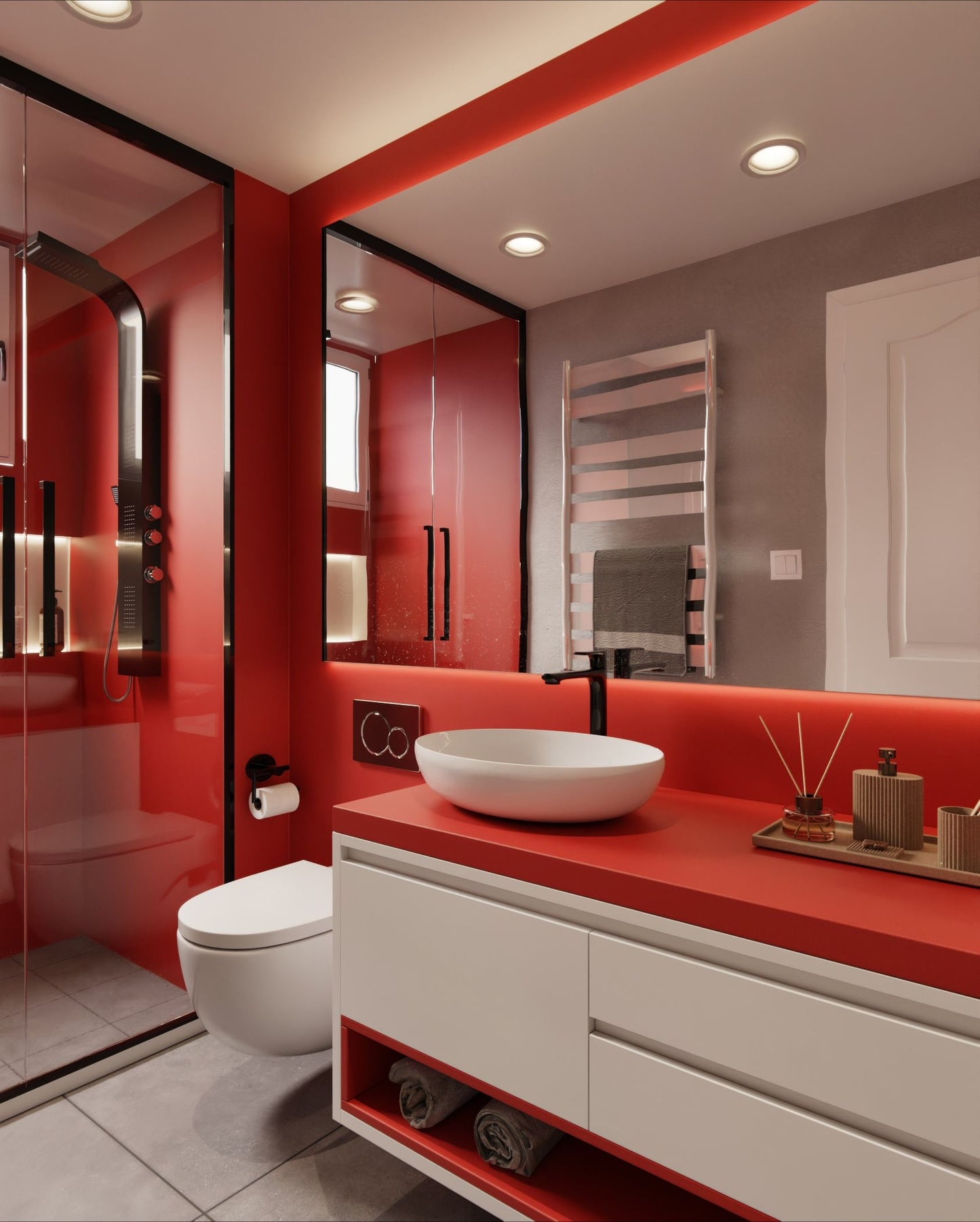 Film adhésif décoratif Cover Styl L2 rouge piment sur mur de douche et meuble de salle de bain
