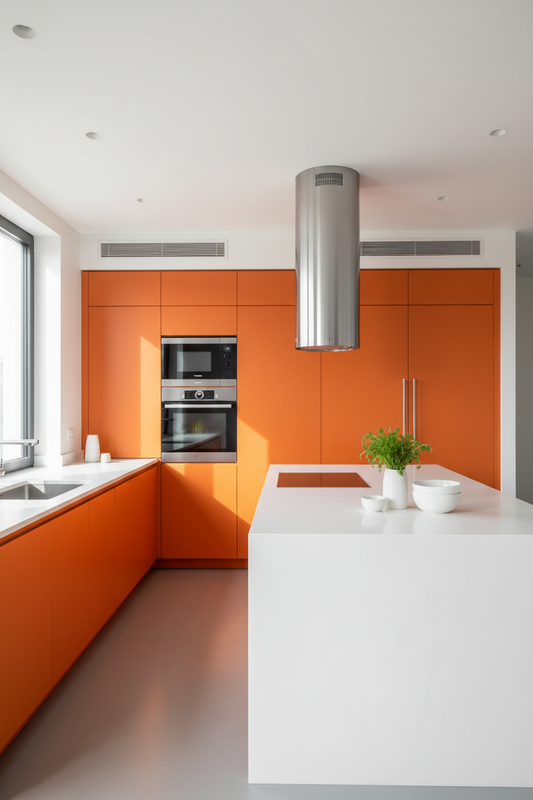 Film adhésif décoratif Cover Styl L3 orange mandarine posé sur façades et meuble de cuisine