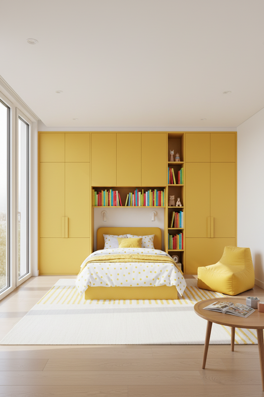 Film adhésif décoratif Cover Styl M0 jaune tournesol posé sur meuble de la chambre