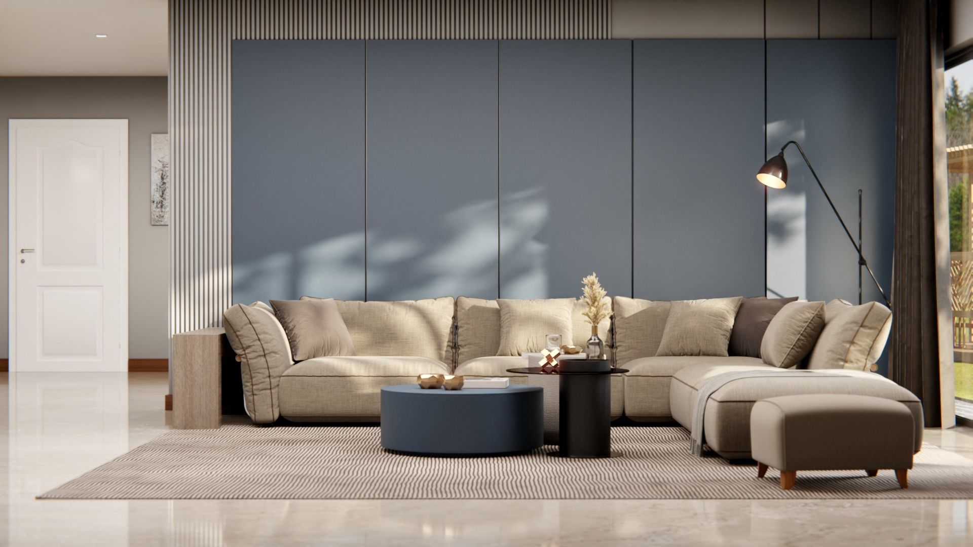  Film adhésif décoratif Cover Styl M6 bleu acier sur table et mur de salon