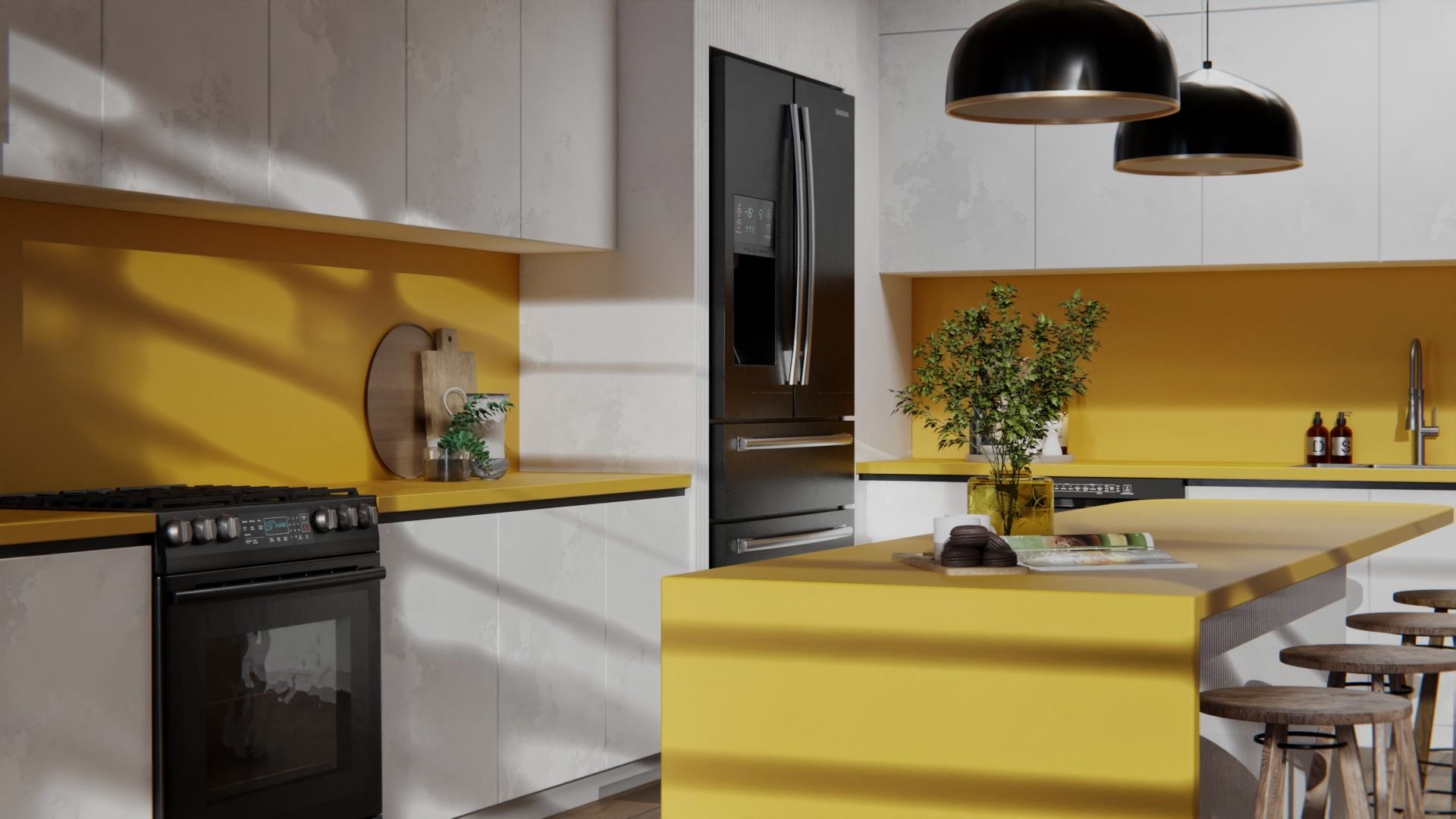 Film adhésif décoratif Cover Styl M8 jaune vif posé sur la crédence et le plan de travail de la cuisine