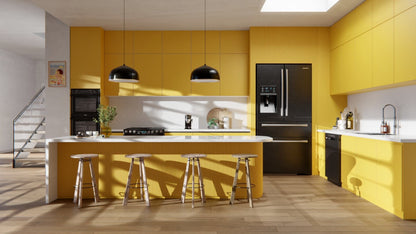 Film adhésif décoratif Cover Styl M8 jaune vif posé sur meuble et façade de cuisine