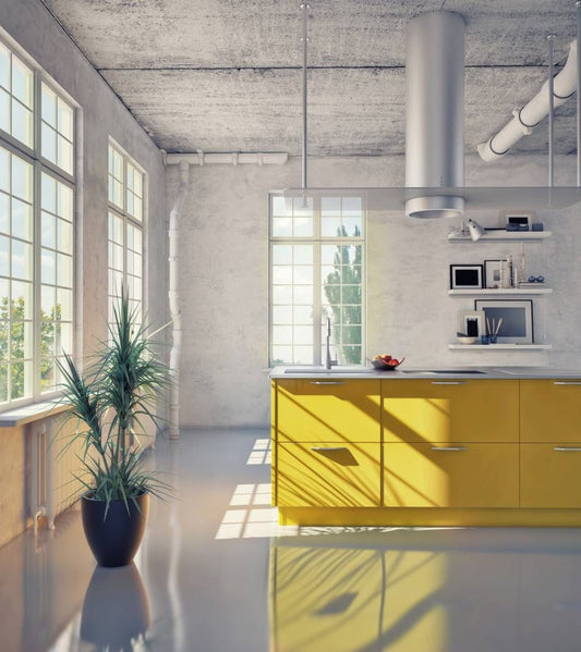 Film adhésif décoratif Cover Styl M8 jaune vif posé sur meuble de cuisine