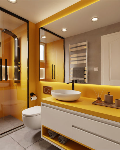 Film adhésif décoratif Cover Styl M8 jaune vif posé sur mur et meuble de salle de bain