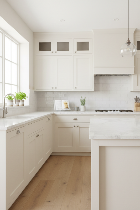 Film adhésif décoratif Cover Styl NE56 blanc cassé posé sur meuble etfaçades de cuisine
