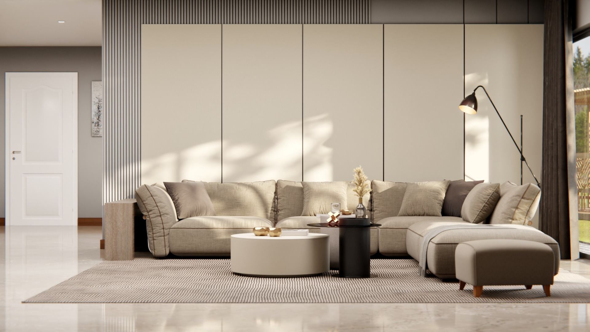 Film adhésif décoratif Cover Styl NE78 sable cordé beige sur table et mur du salon