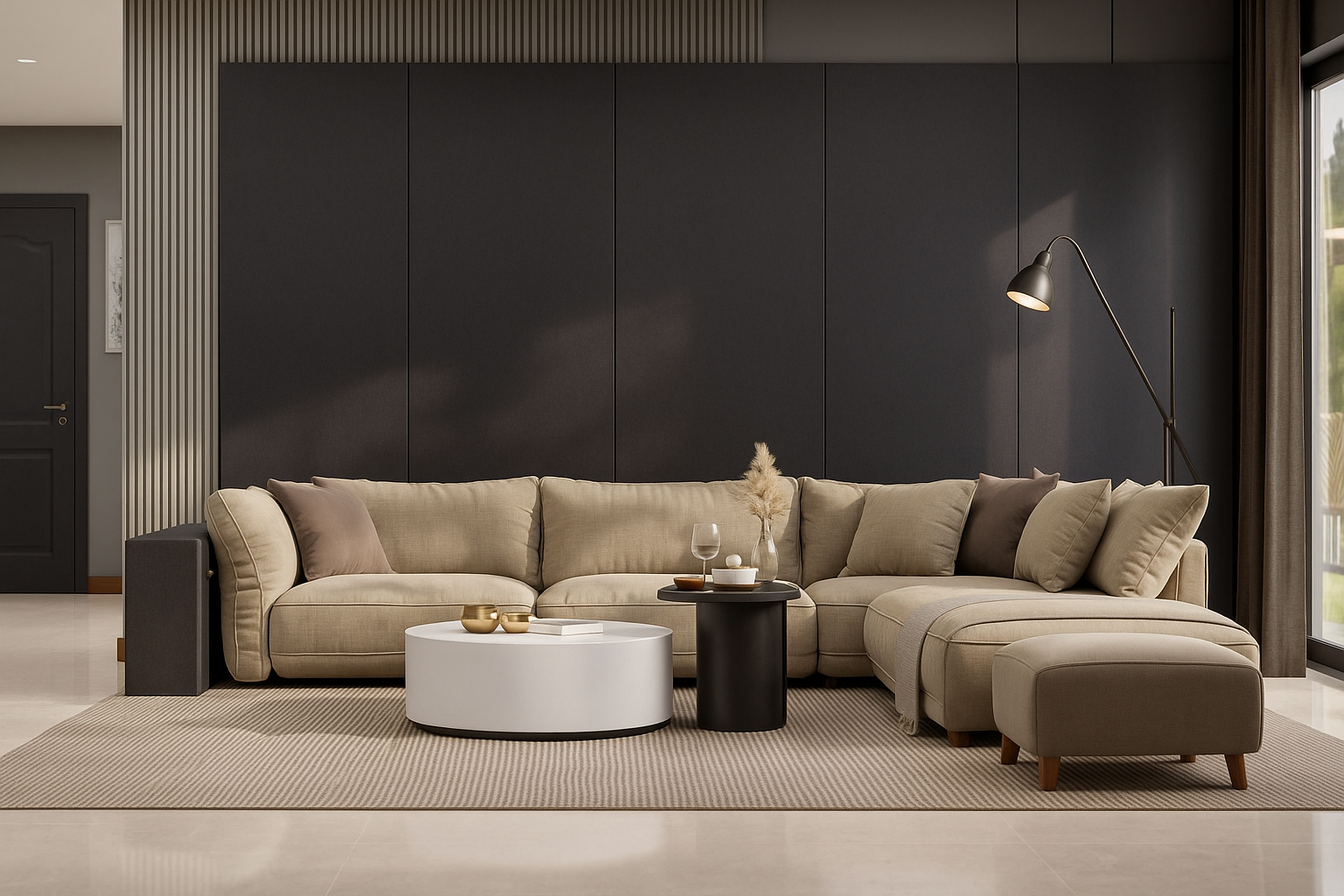 Film adhésif décoratif Cover Styl NE80 gris graphite sur table, porte et mur du salon