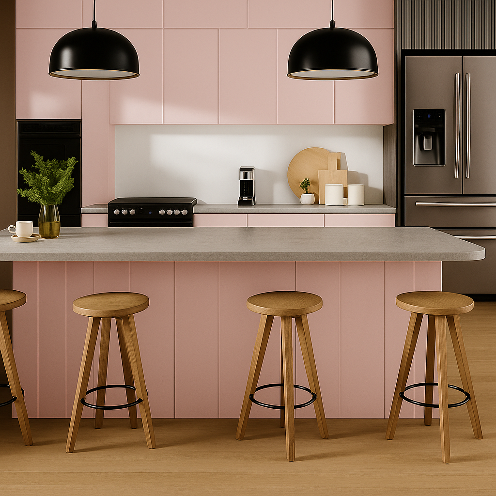 Film adhésif décoratif Cover Styl NF03 rose blush posé sur façade et meuble de cuisine
