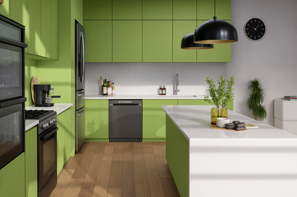Film adhésif décoratif Cover Styl NF05 vert gazon posé sur meuble et façade de cuisine