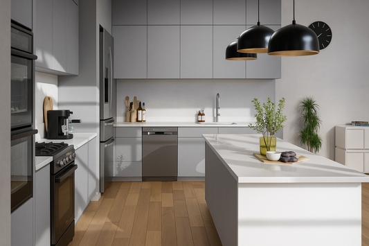 Film adhésif décoratif Cover Styl NF10 gris nuage posé sur façades de cuisine