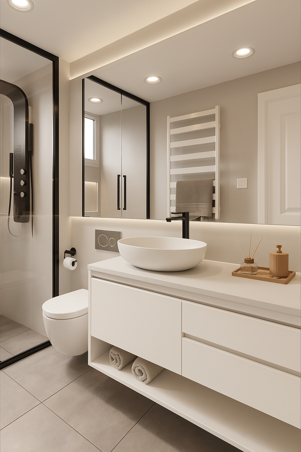 Film adhésif décoratif Cover Styl NF15 blanc crème posé sur meuble de salle de bain