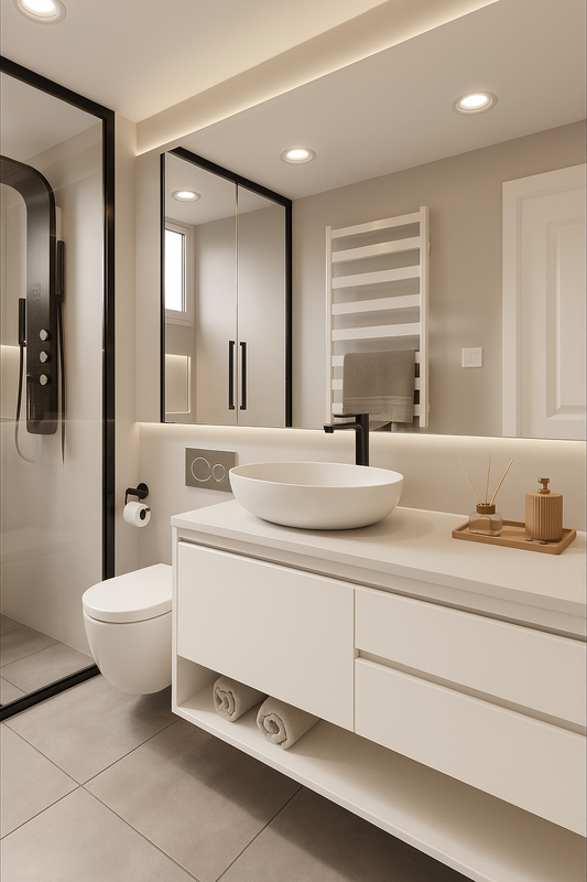 Film adhésif décoratif Cover Styl NF15 blanc crème posé sur meuble de salle de bain