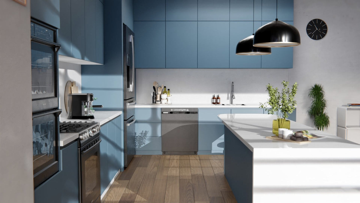 Film adhésif décoratif Cover Styl NH24 bleu océan profond posé sur façades de cuisine