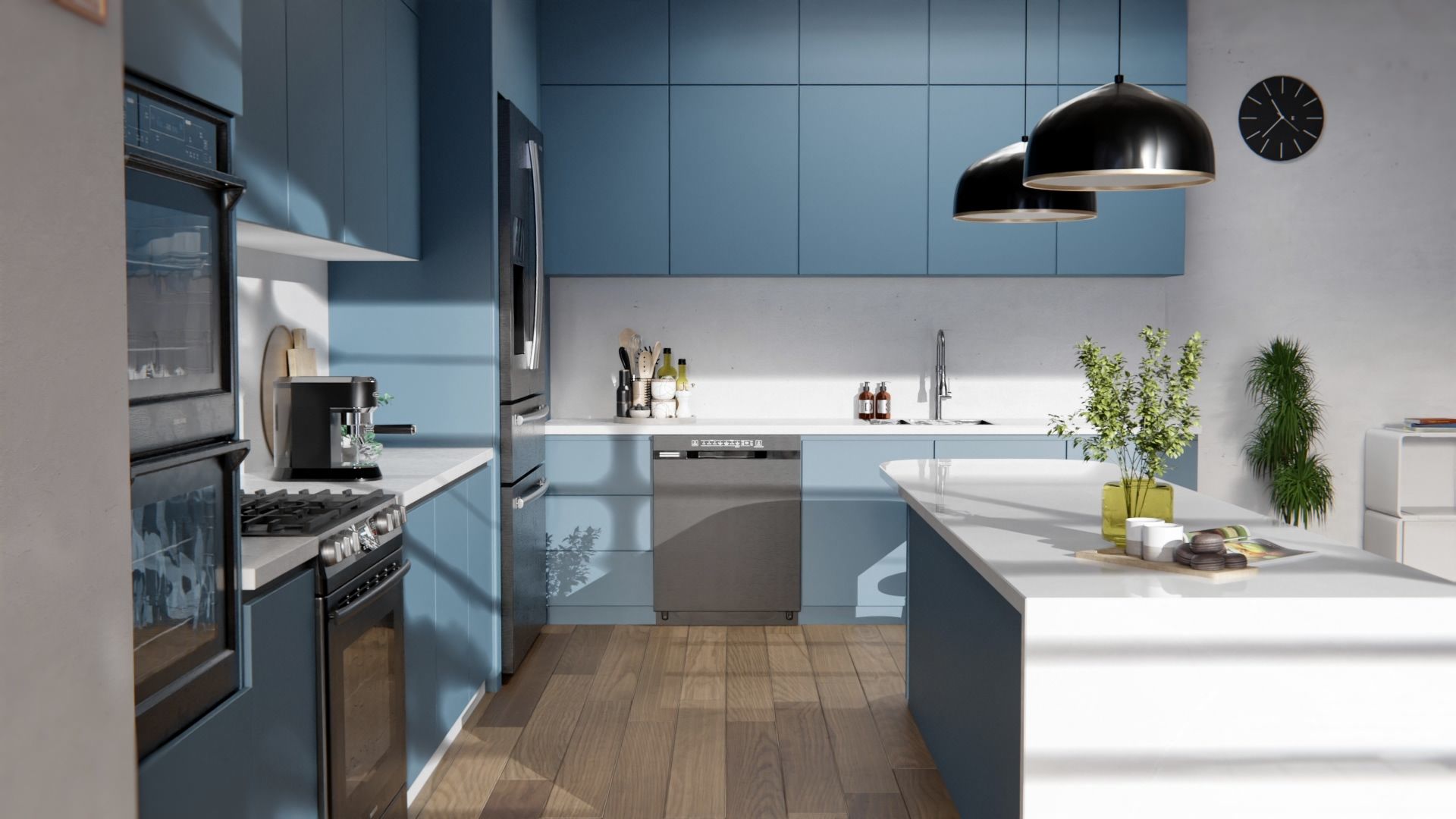 Film adhésif décoratif Cover Styl NH24 bleu océan profond posé sur façades de cuisine