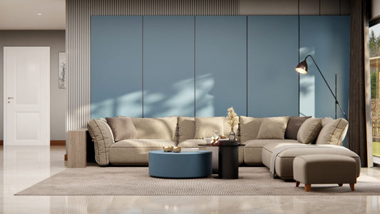 Film adhésif décoratif Cover Styl NH24 bleu océan profond sur mur et meuble de salon