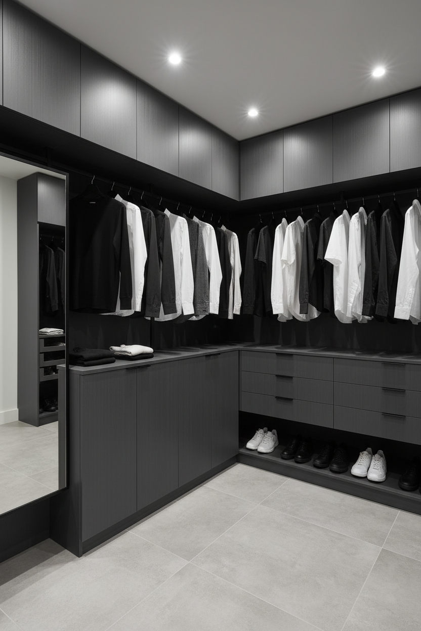 Film adhésif décoratif Cover Styl NH91 gris foncé rayé posé sur meuble de dressing