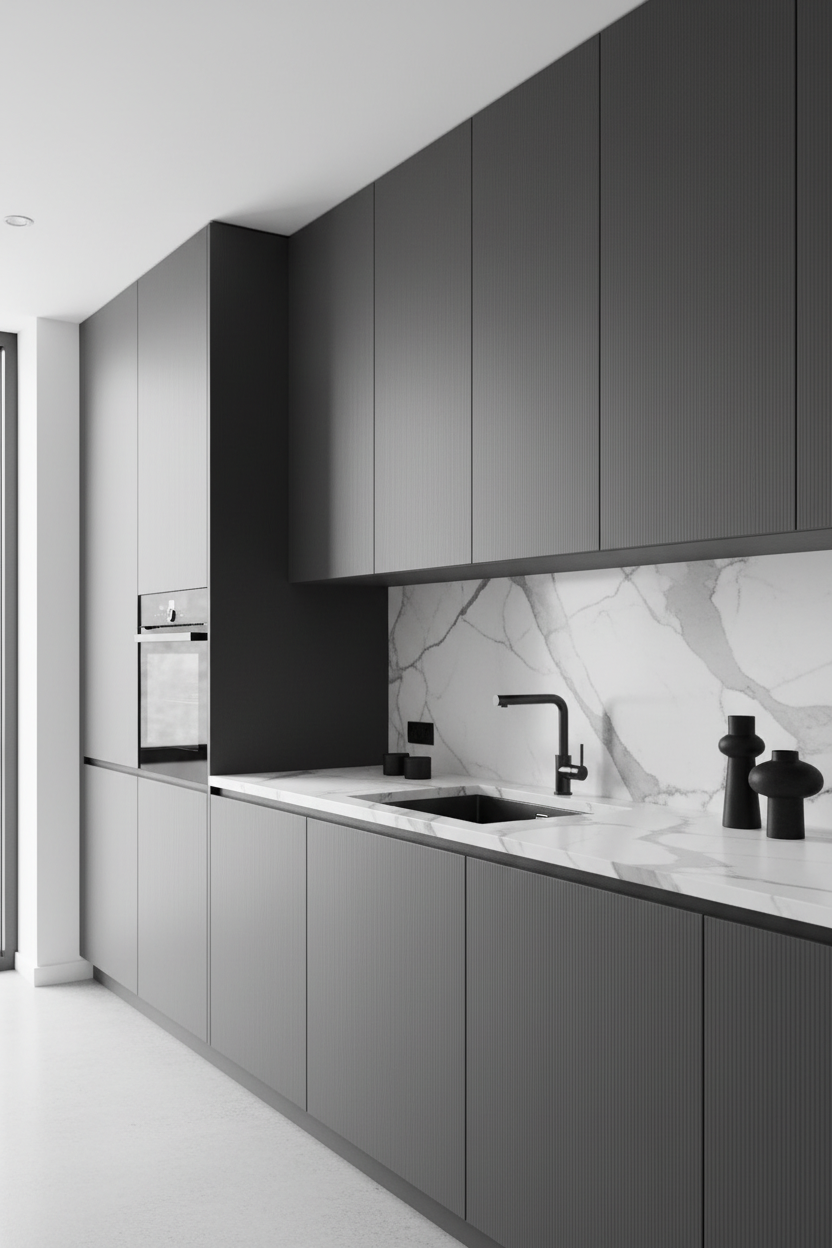 Film adhésif décoratif Cover Styl NH91 gris foncé rayé posé sur façades de cuisine