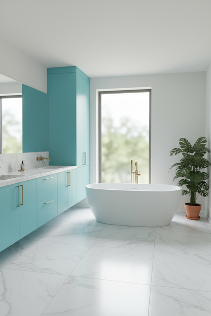 Film adhésif décoratif Cover Styl O4 bleu turquoise posé sur meuble de salle de bain