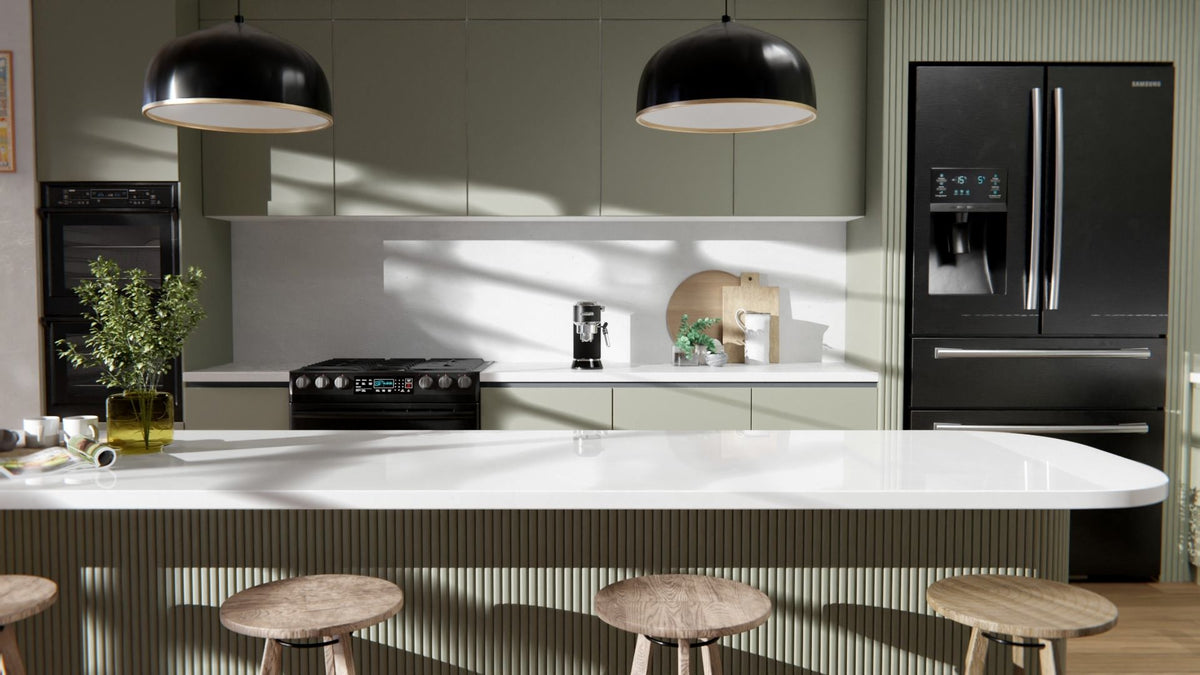 Film adhésif décoratif Cover Styl Sans PVC PF-K4 kaki posé sur façades de cuisine