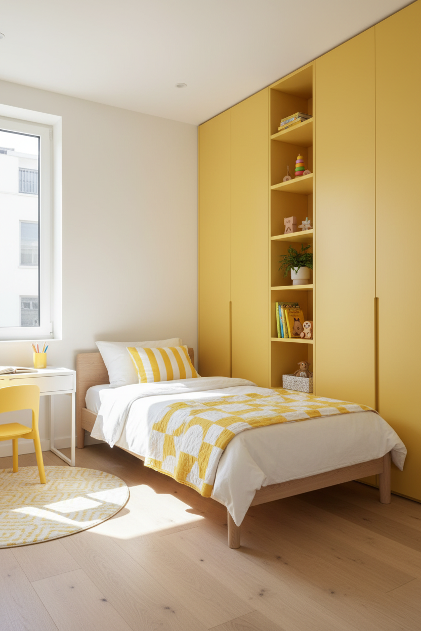 Film adhésif décoratif Cover Styl RM08 jaune limoncello posé sur meuble et mur de la chambre