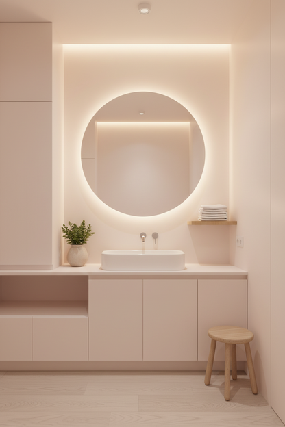 Film adhésif décoratif Cover Styl RM12 blanc marshmallow posé sur meuble et mur de salle de bain