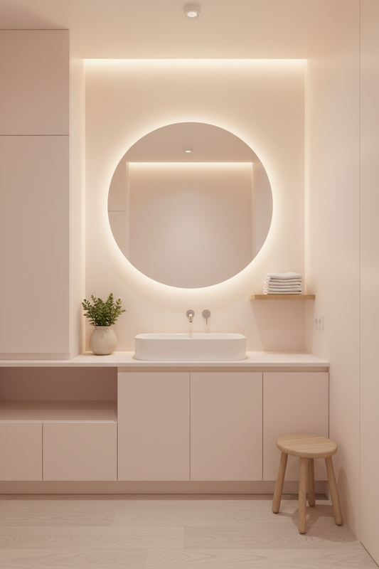 Film adhésif décoratif Cover Styl RM12 blanc marshmallow posé sur meuble et mur de salle de bain