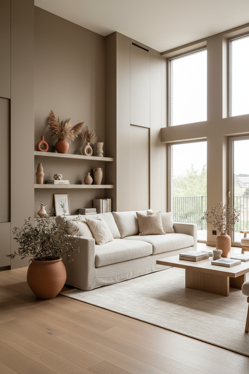 Film adhésif décoratif Cover Styl RM14 taupe champignon posé sur meuble et mur de salon