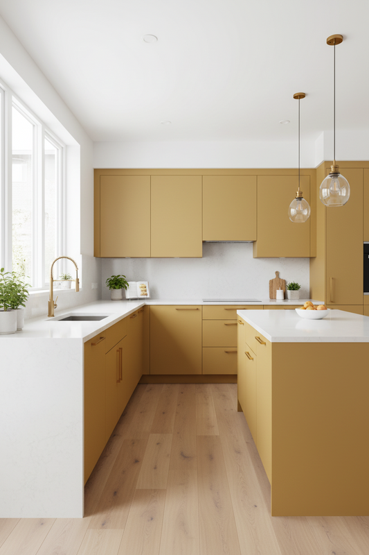 Film adhésif décoratif Cover Styl RM16 jaune moutarde miel posé sur meuble et façades de cuisine