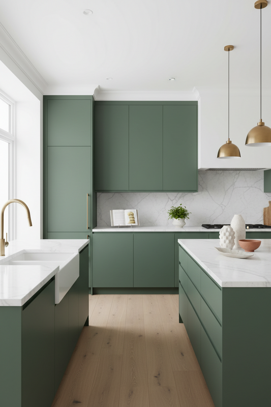 Film adhésif décoratif Cover Styl RM20 vert sauge posé sur façades de cuisine