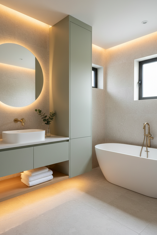 Film adhésif décoratif Cover Styl RM30 vert olive pastel posé sur meuble de salle de bain