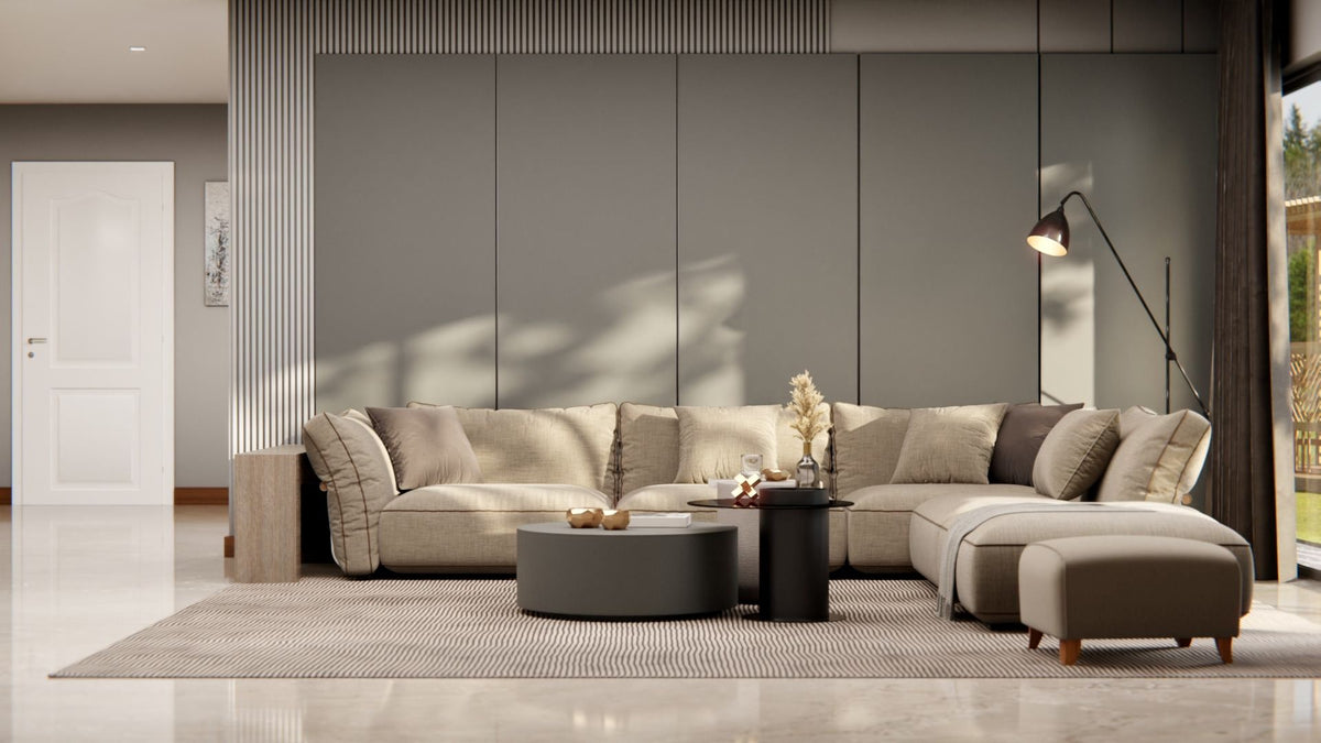 Film adhésif décoratif SANS PVC Cover Styl PF-K5 gris ciment posé sur table et mur de salon