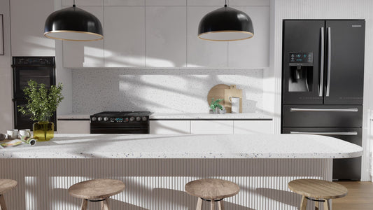 Film adhésif décoratif effet terrazzo bleu mixte mat Cover Styl NH10 pour rénovation de cuisine, meuble, mur et salle de bain.
