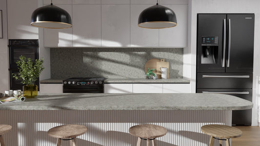 Film adhésif décoratif effet terrazzo gris Lombarda mat Cover Styl NF99 pour rénovation de cuisine, meuble, mur et salle de bain.