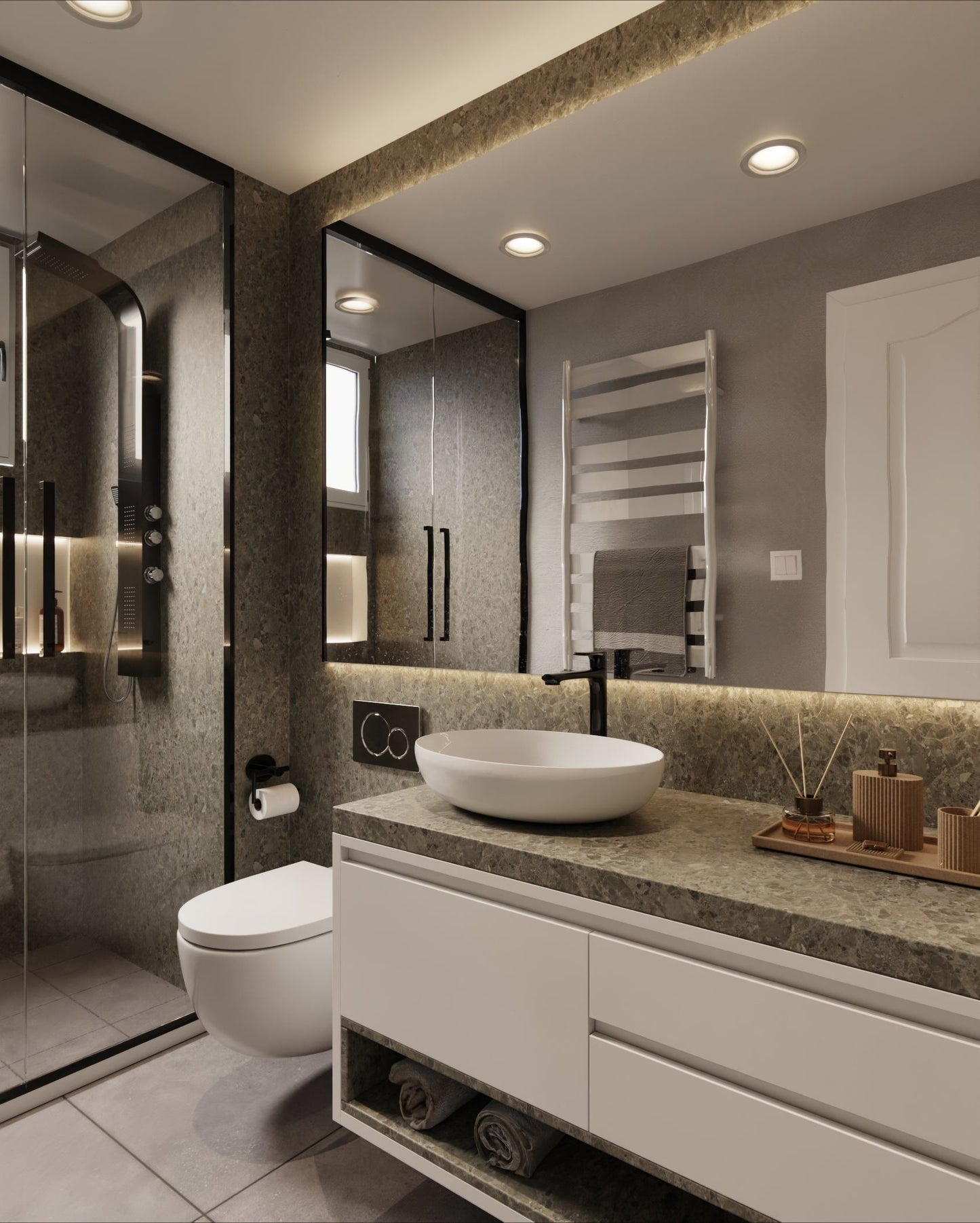 Film adhésif décoratif effet terrazzo gris Lombarda mat Cover Styl NF99 pour rénovation de cuisine, meuble, mur et salle de bain.