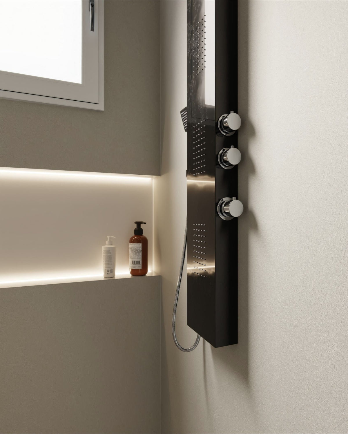 Film adhésif décoratif effet textile cuir blanc Togo texturé Cover Styl X52 posé sur paroi de douche
