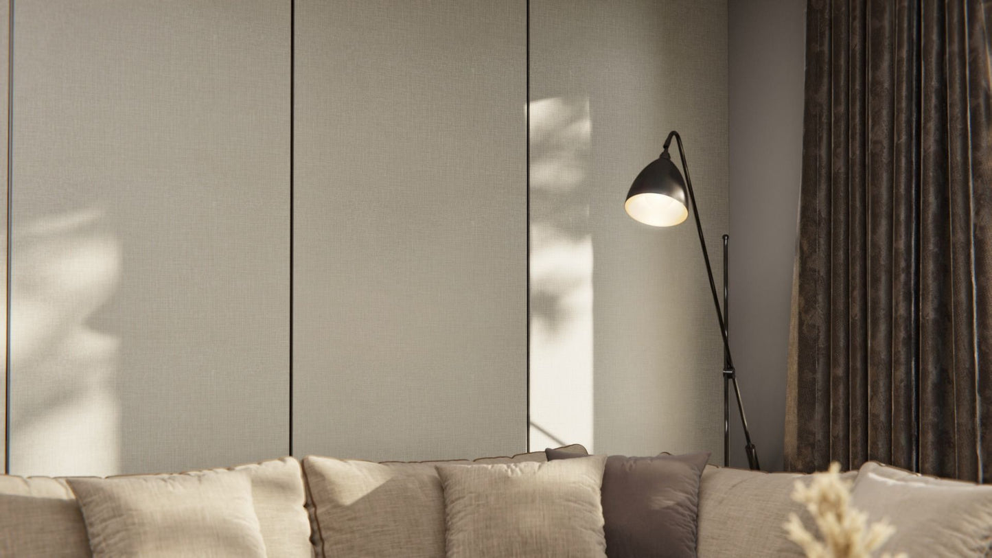 Film adhésif décoratif effet textile métallisé argent et brun ligné Cover Styl NE37 pour rénovation de cuisine, meuble, mur et salle de bain.

