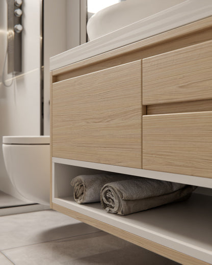 Film adhésif imitation bois Cover Styl I14 Legno posé sur meuble de salle de bain IKEA