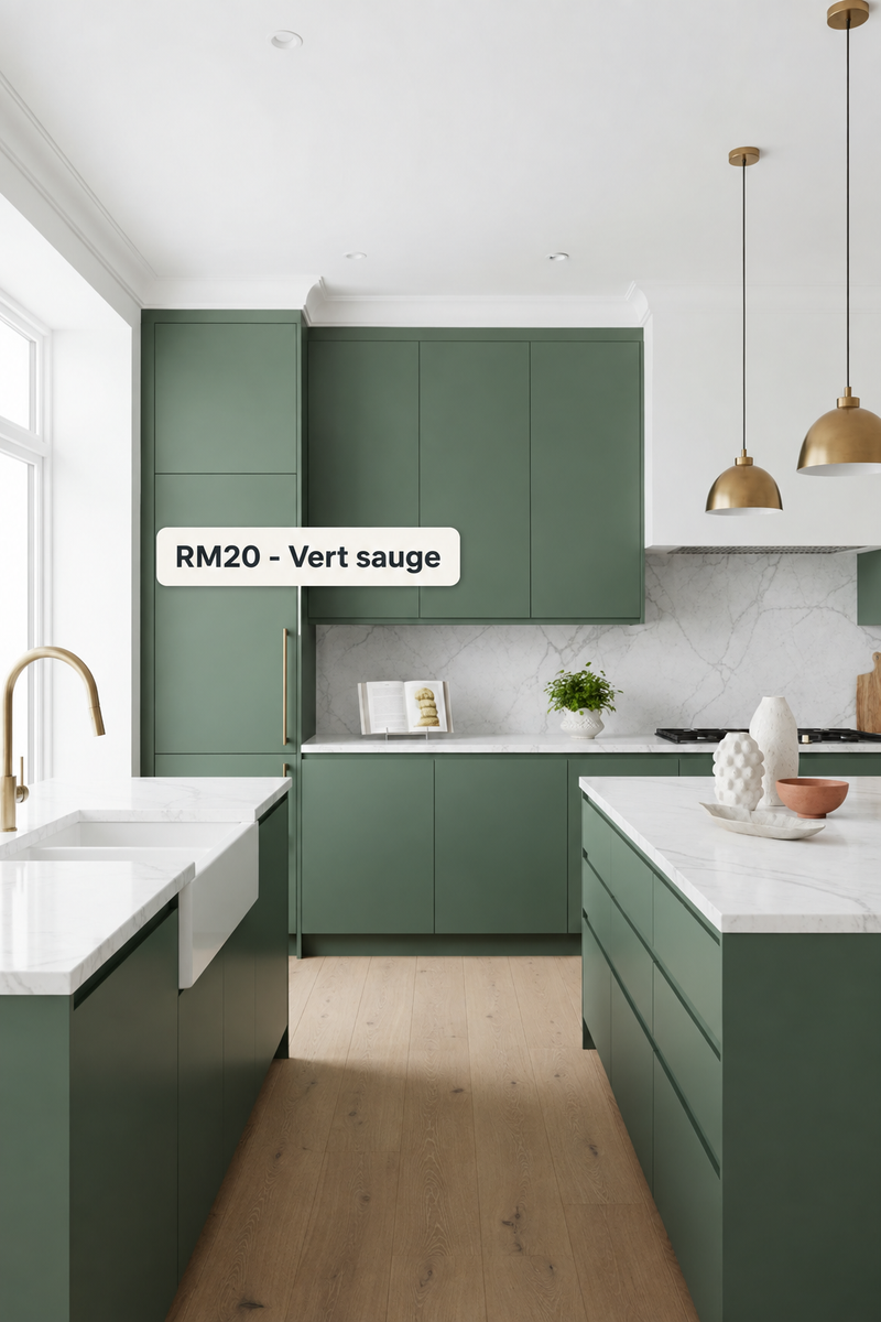 Étiquette RM20 - Vert sauge au-dessus de la poignée dorée